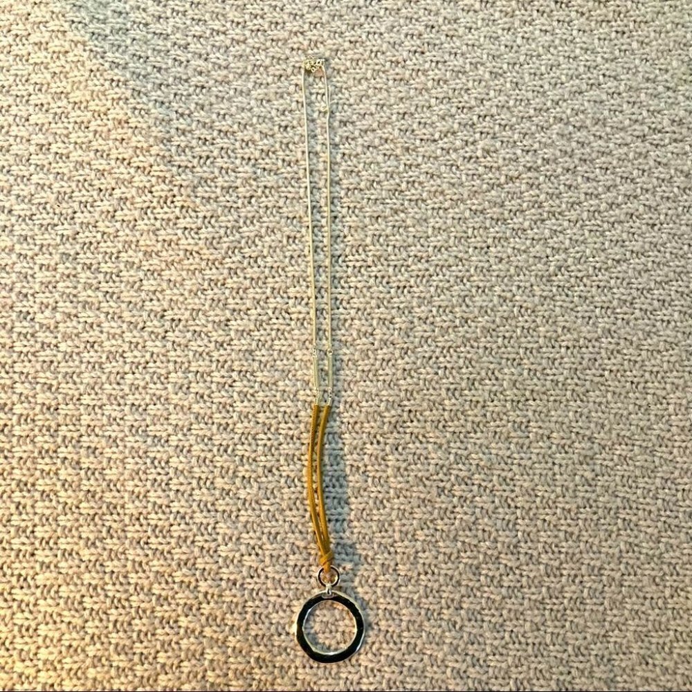 NECKLACE Long Chain Silver Toned  and Faux Leather Accents Round 2.5” Pendant